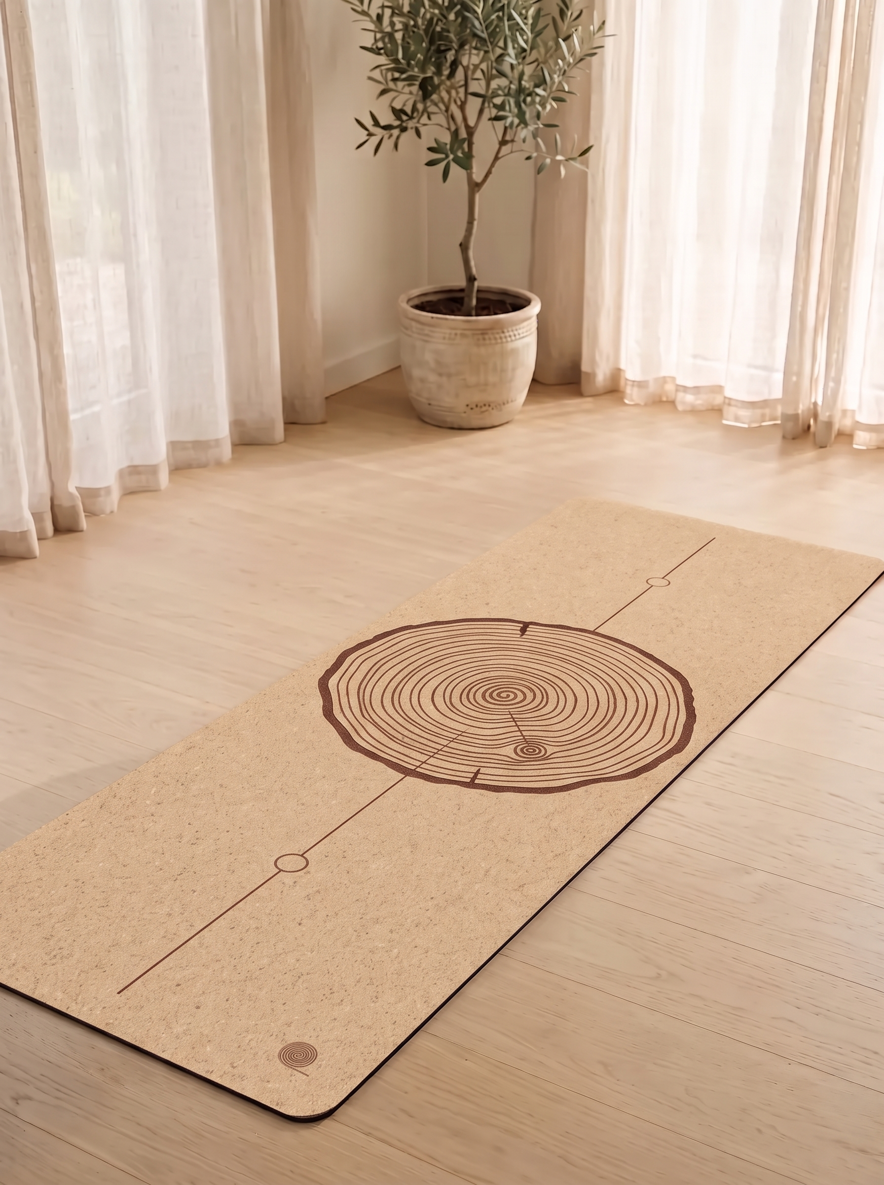 Heartwood cork yoga mat unrolled in a bright room with an olive tree