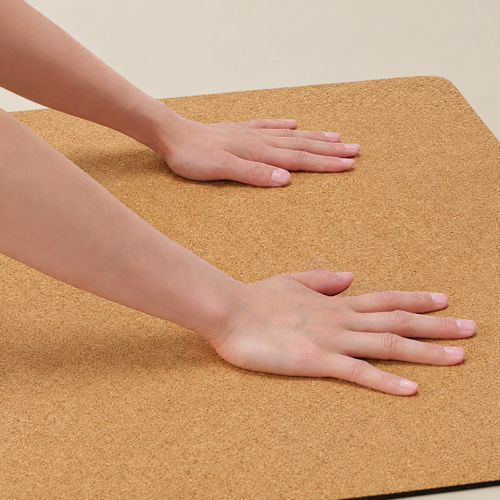 Hands pressing on the fine-grain natural cork surface