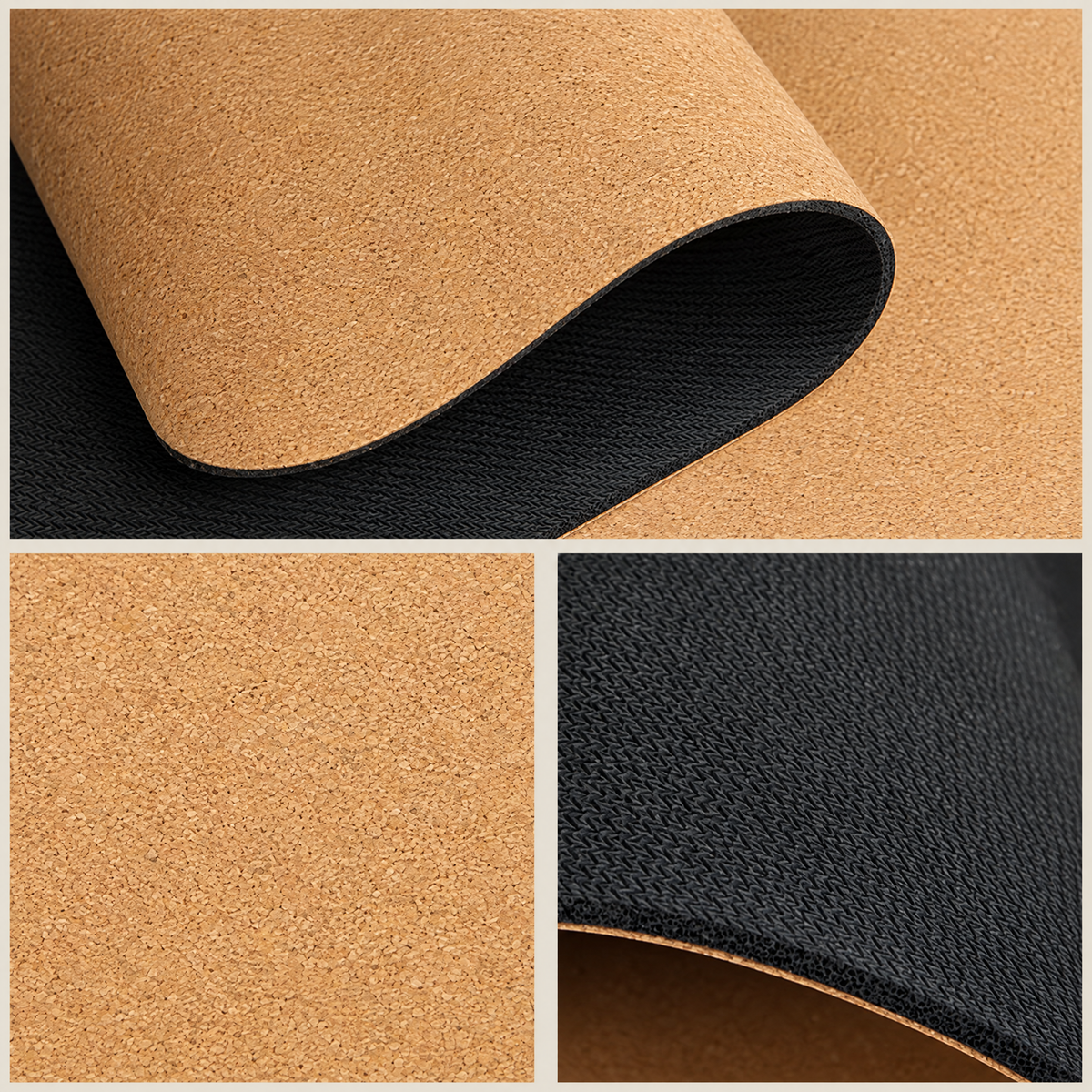 Natural cork top and black natural rubber base of the Essential mat