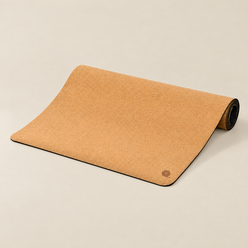 Essential cork yoga mat partly rolled, with small engraved logo