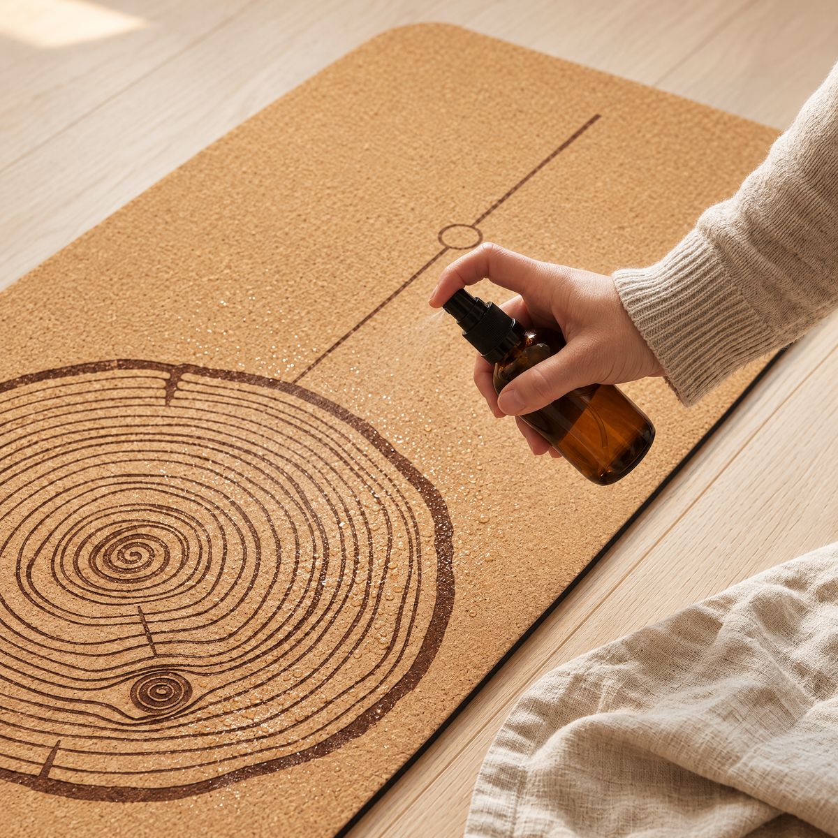 Spritzing water on the engraved cork surface of the Heartwood mat