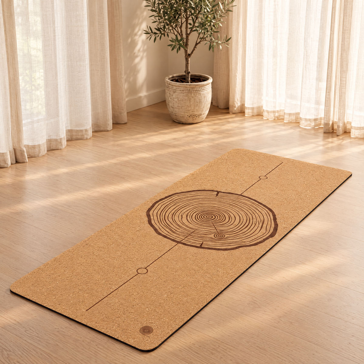 Heartwood Alignment cork yoga mat unrolled in a bright room with an olive tree